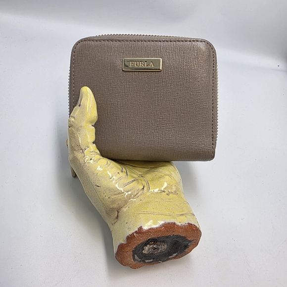 Furla Handbags - Furla Gray Saffiano Leather Zip Around Wallet Clutch Gold Hardware Excellent!